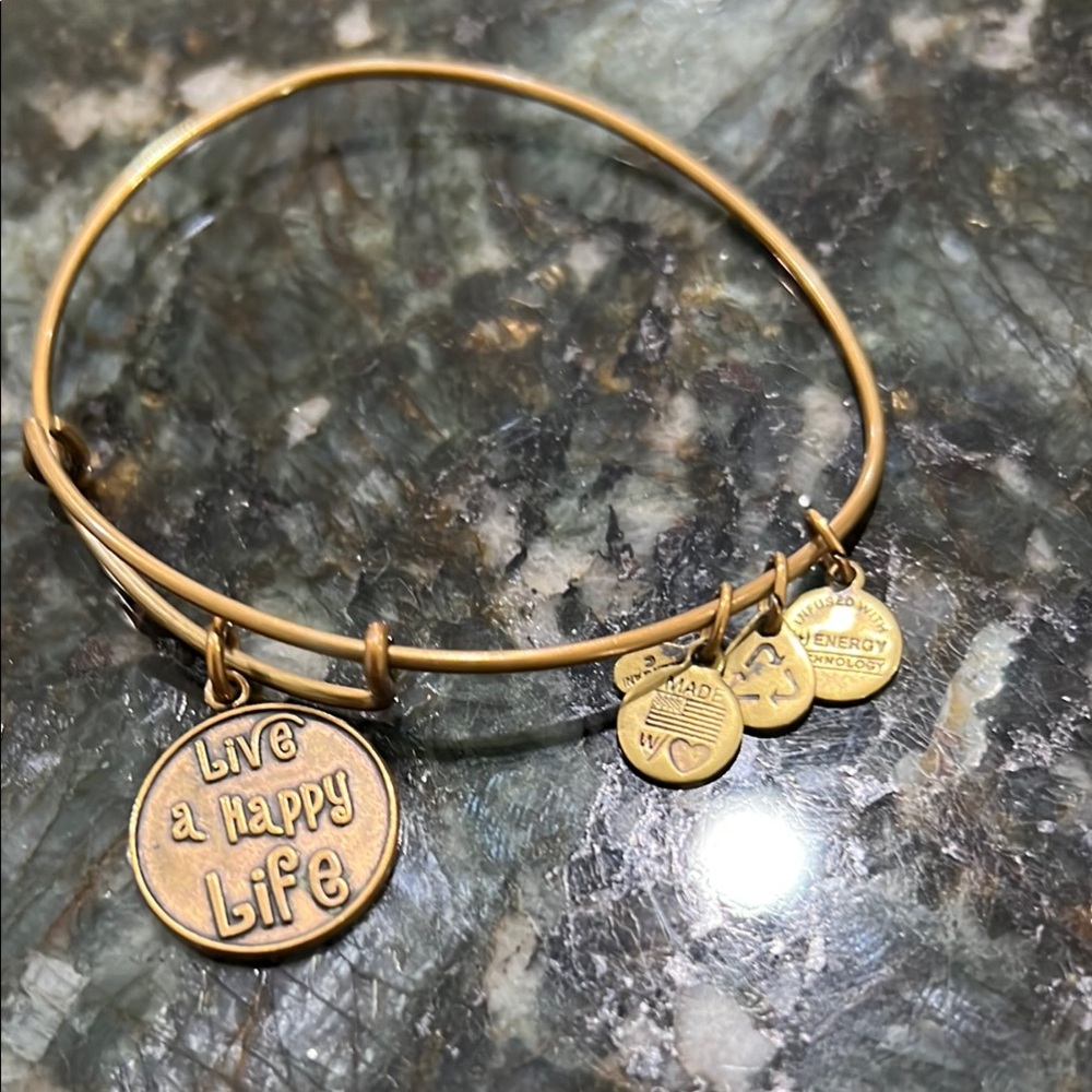 Gold Charm Bracelet live a happy life and letter E Alex & Ani bracelets J109